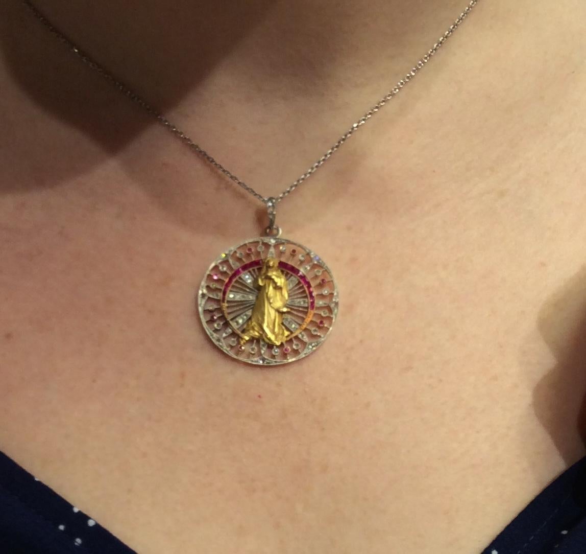Exquisite Jeweled Gold Platinum Madonna Pendant In Excellent Condition In New York, NY