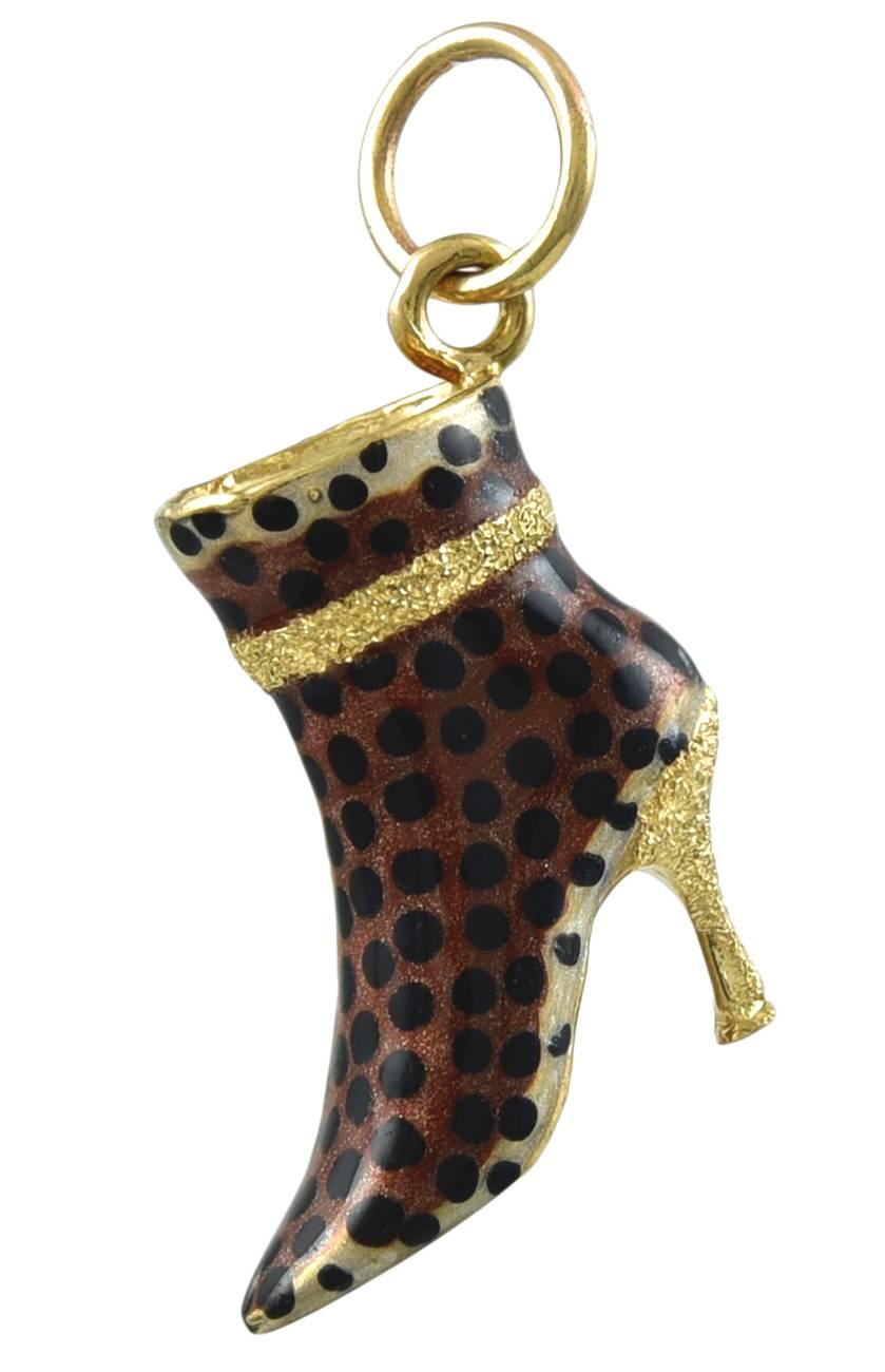 Figural high-heeled bootie charm  14K yellow gold, with allover leopard skin enamel.  3/4