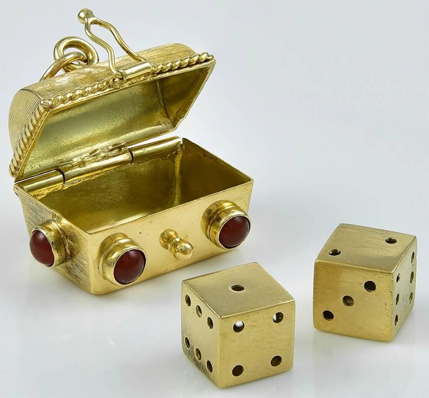 Gold Treasure Chest Charm with Dice In Excellent Condition In New York, NY