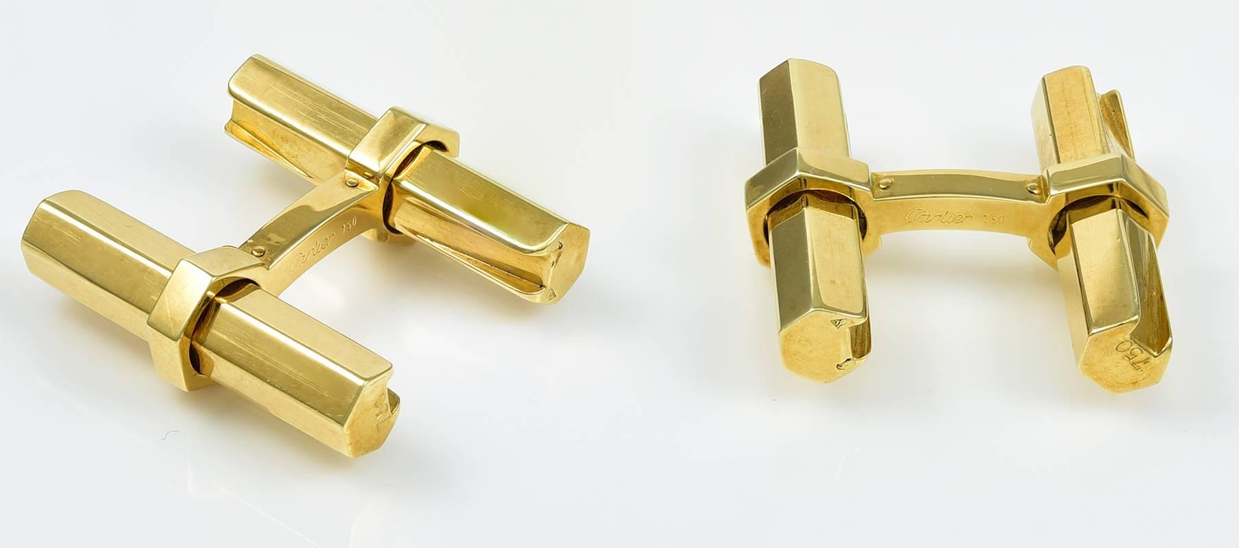 Classic and elegant beveled "baton" cufflinks.  Made, signed and numbered by CARTIER.  18K yellow gold.  1" x 1."  Easy to use and in impeccable taste.

Alice Kwartler has sold the finest antique gold and diamond jewelry and