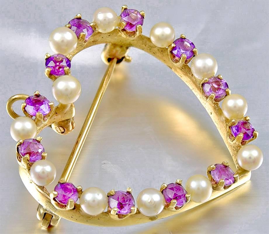 Amethyst Pearl Gold Heart Pin Pendant In Excellent Condition In New York, NY