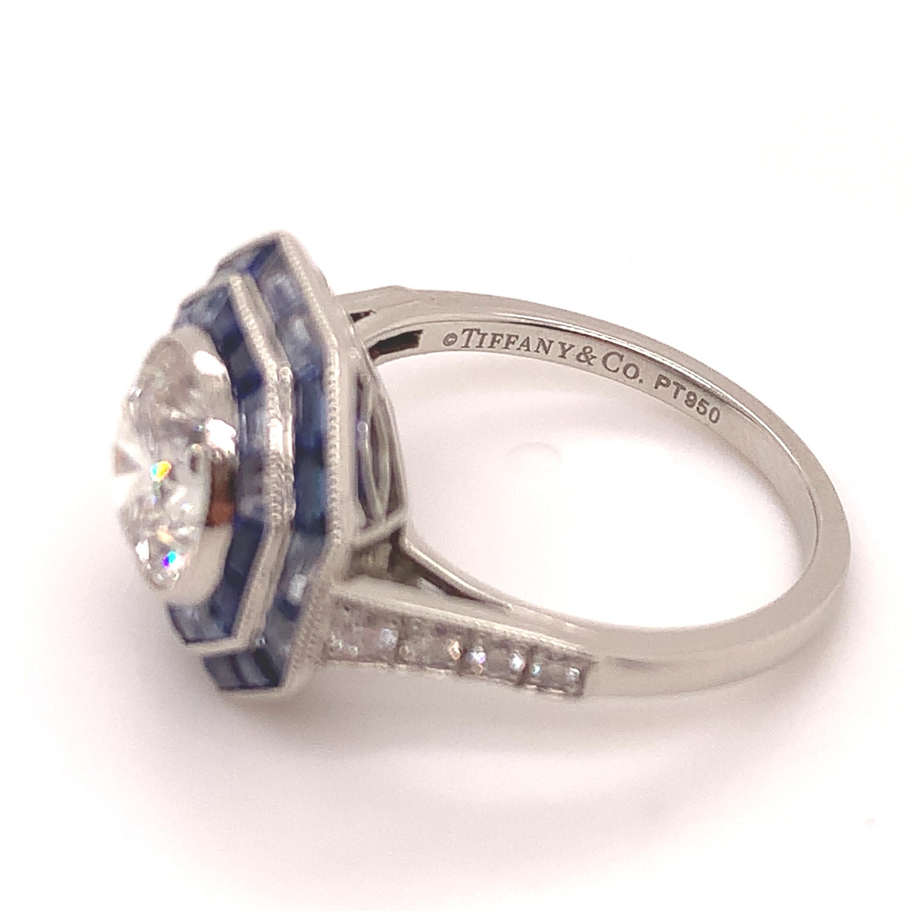 Tiffany & Co. Sapphire Diamond Platinum Octagonal Ring In Excellent Condition In New York, NY
