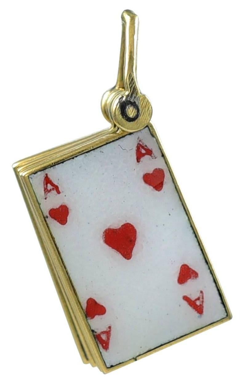 Excellent card charm -- four enamel figural "cards" attached as one charm.  14K yellow gold with red, white and black enamel. 1" x 1/3."  Impeccable condition.

Alice Kwartler has sold the finest antique gold and diamond jewelry