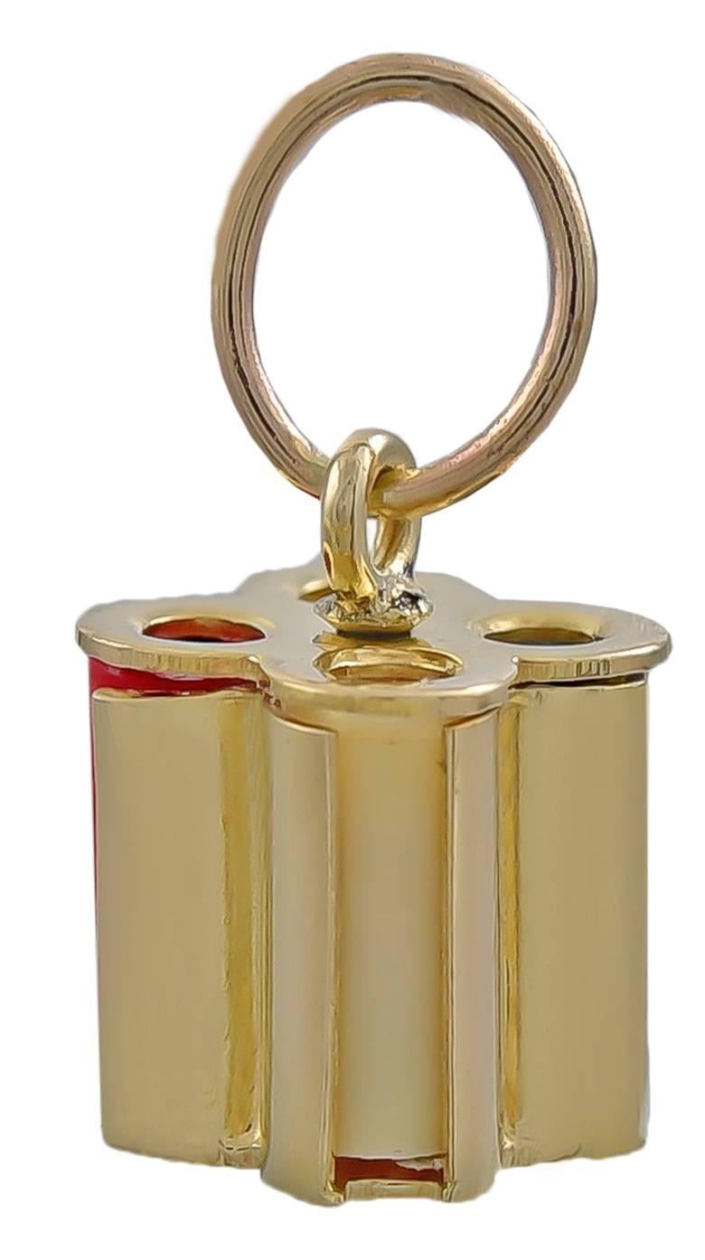 Figural stack of "poker chips."  14K yellow gold holder,  with red, white, black and yellow enamel chips.  1/4" x 1/4."  

Alice Kwartler has sold the finest antique gold and diamond jewelry and silver for over forty years.
