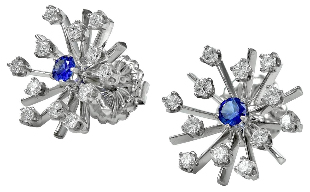 Sapphire Diamond White Gold Starburst Earrings In Excellent Condition In New York, NY