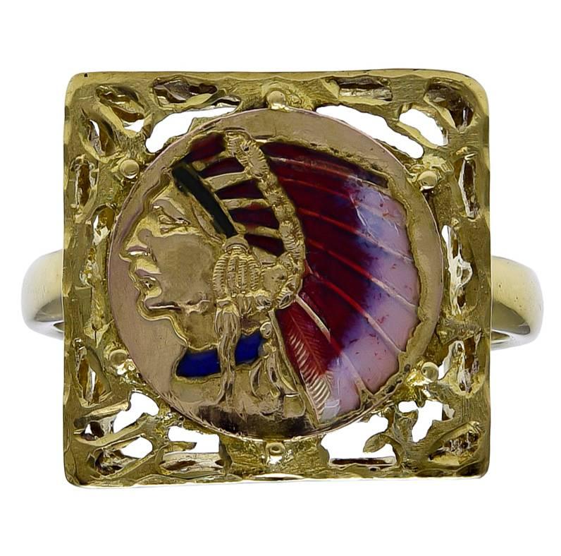 Enamel Gold Indian Head Ring For Sale