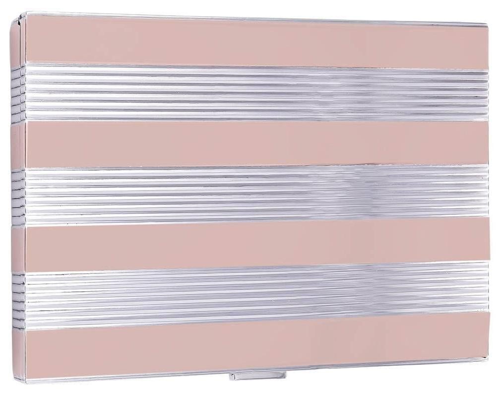 Art deco hinged case.  Made and signed by CARTIER.  Sterling silver deco striped pattern, with wide 18K rose gold stripes.  4 3/4" x 3."  Substantial heavy gauge silver.  A bold look.

Alice Kwartler has sold the finest antique gold and
