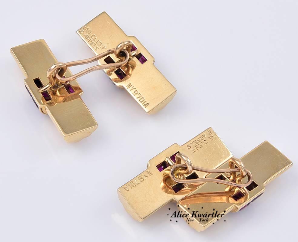 Rare and exceptionally attractive bar cufflinks.  Made, signed and numbered by VAN CLEEF & ARPELS.
18K yellow gold.  Each cufflink is set with two rows of plump emerald-cut rubies.  The rubies are natural, with brilliant color.  The gold bars