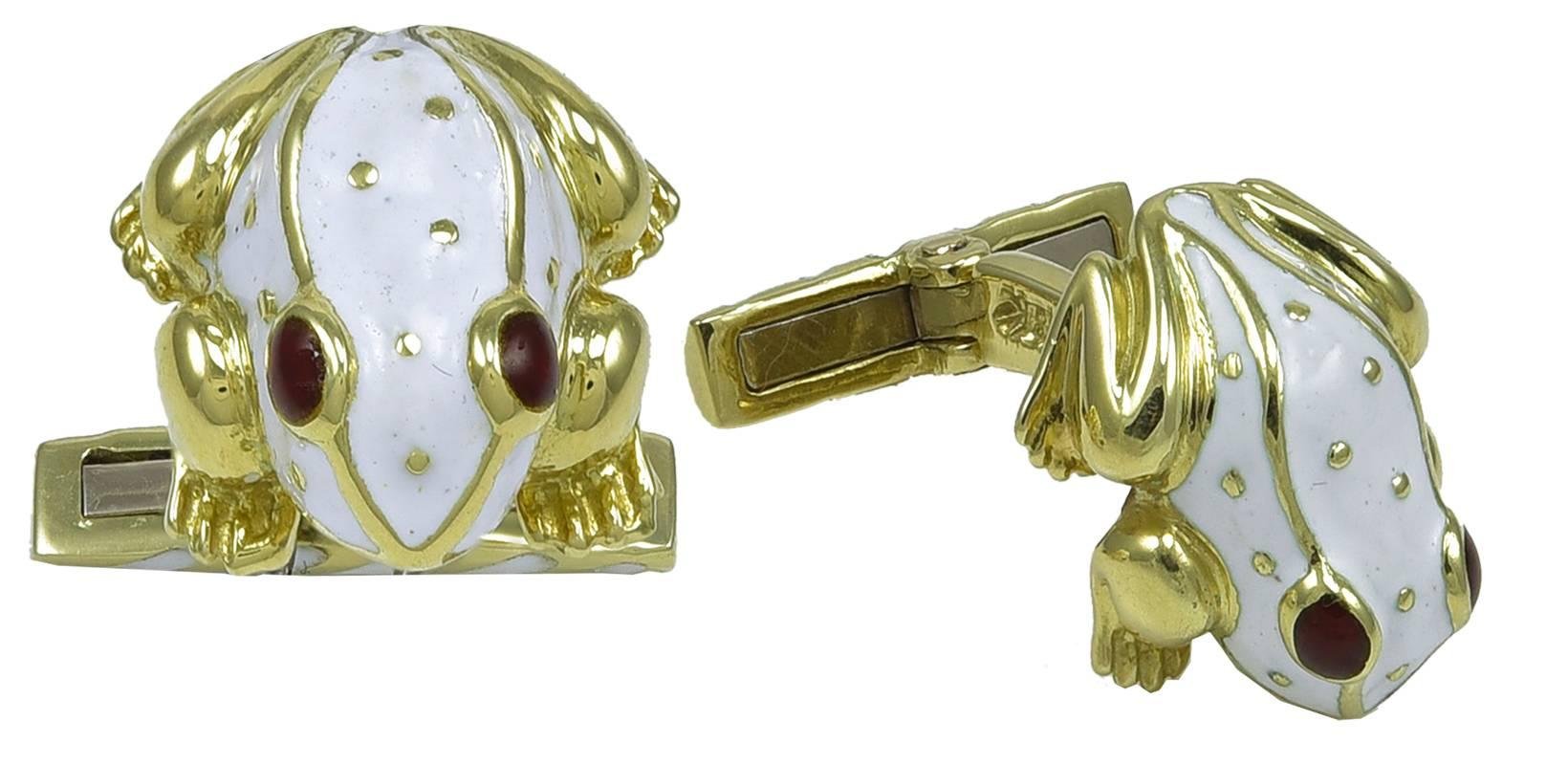 Classic figural frog cufflinks. Made and signed by DAVID WEBB. 18K yellow gold with white and red enamel. Gold and white enamel striped back bar. Distinctive and desirable.

Alice Kwartler has sold the finest antique gold & diamond jewelry and