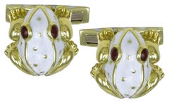 David Webb White and Red Enamel Gold Frog Cufflinks