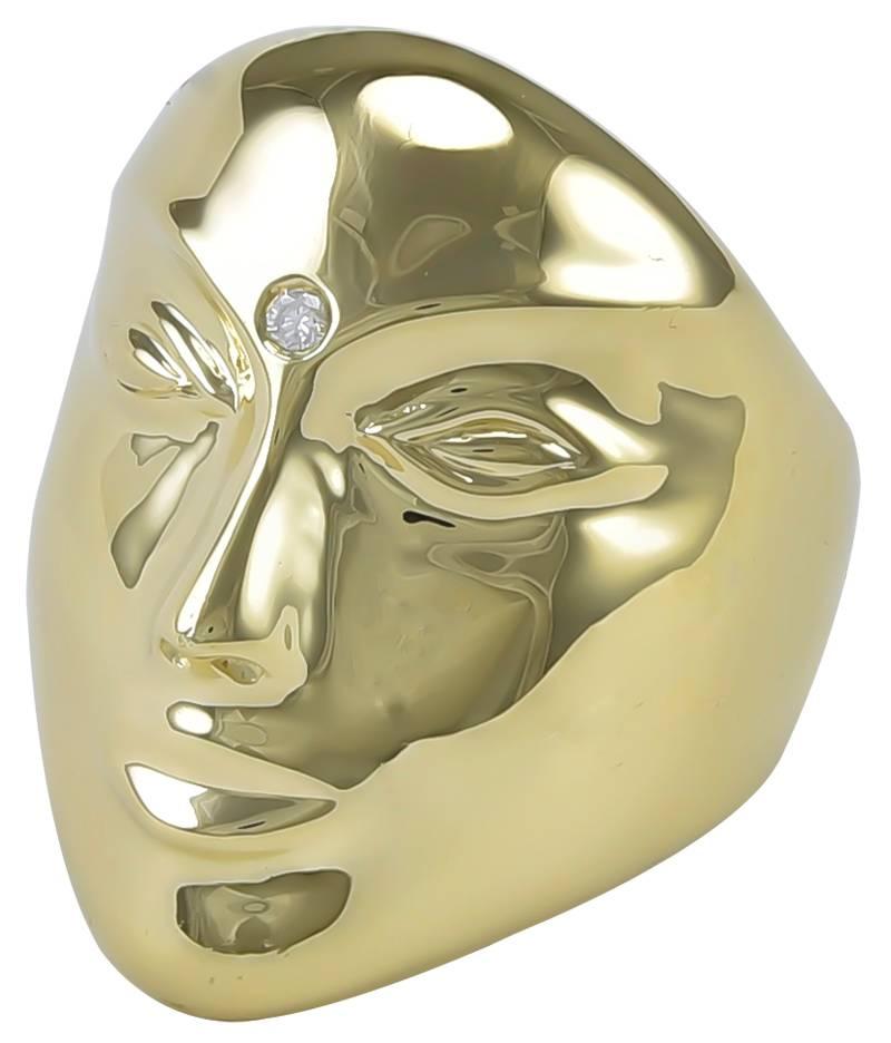 Sensational figural mask ring, made and signed by SONIA B. 14K yellow gold, set with a faceted diamond. Strong, intriguing look. Size 7 1/2 and can be custom-sized.

Alice Kwartler has sold the finest antique gold & diamond jewelry and silver for