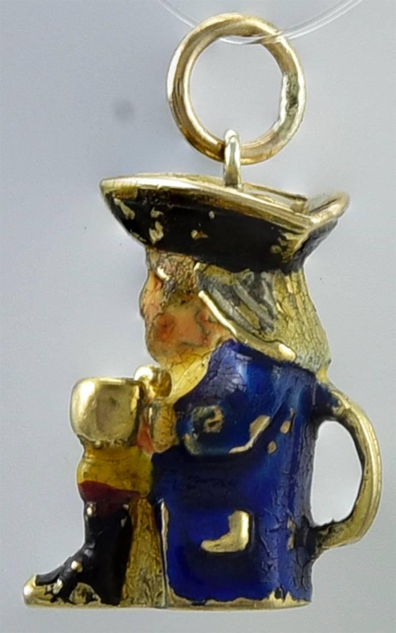Antique enamel charm. Figural Toby jug in 9K yellow gold. 3/45