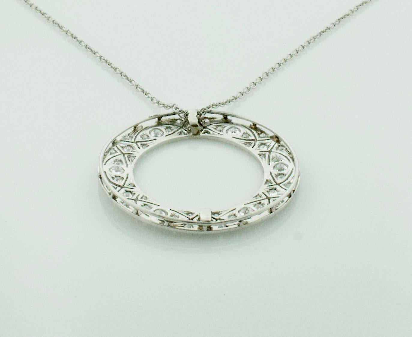 Round Cut Art Deco Platinum Diamond Circle Necklace, circa 1920s 2.30 Carat
