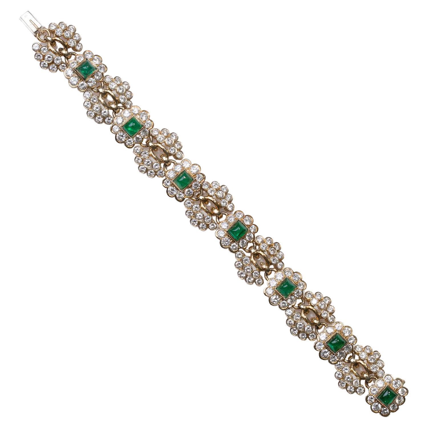 Magnificent emerald and diamond bracelet from the legendary house of Harry Winston.

This bracelet crafted by Harry Winston in the 1980’s is set in 18K yellow gold with 182 round brilliant cut diamonds weighing 14.63 carats and Sven Cabochon