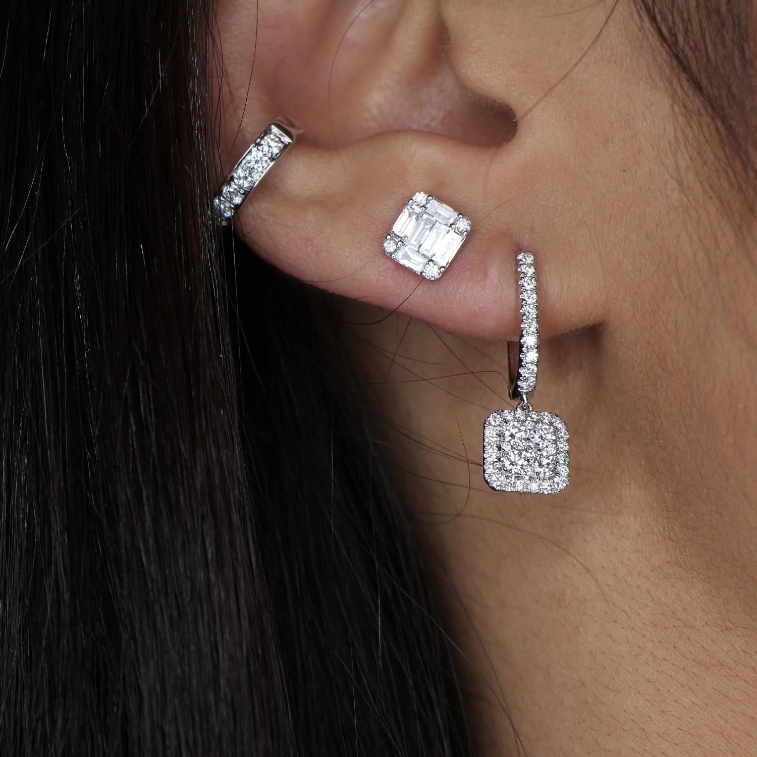 Baguette Cut GVS 0.77 Carat Illusion Emerald-Cut Diamond Clip-On Earrings 18 Karat White Gold