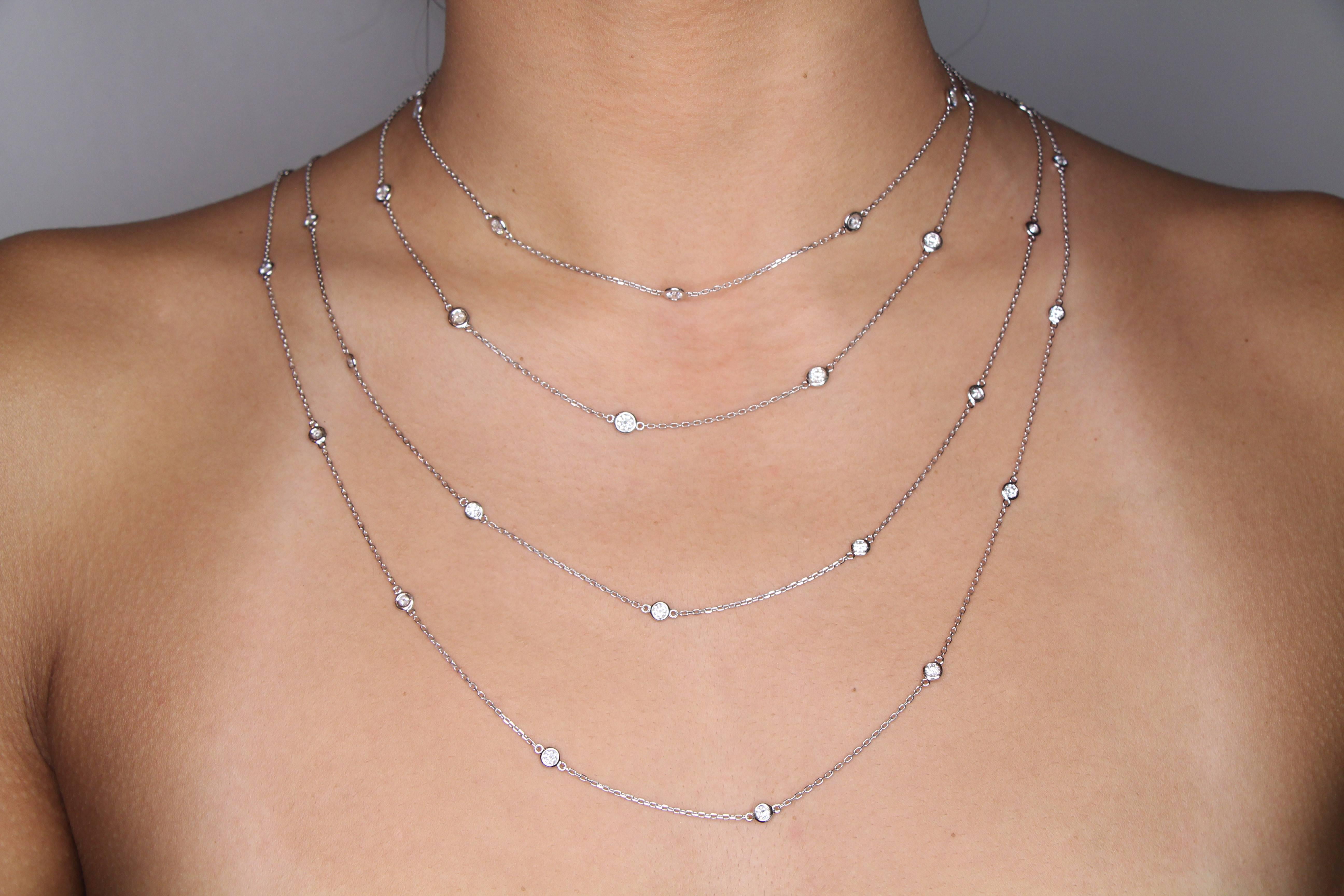 Beaded Long Necklace mesuring 90 cm Set with 17 Diamonds weighing 1.54 carats.
The Diamond are GVS qualities.
The Necklace is 18K White Gold.