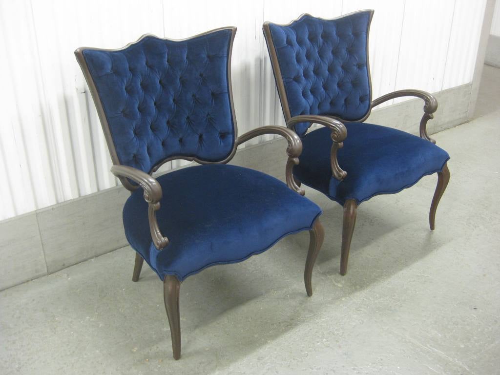 Blue Velvet Newly Upholstered Pair of Italian Chairs For Sale at 1stDibs