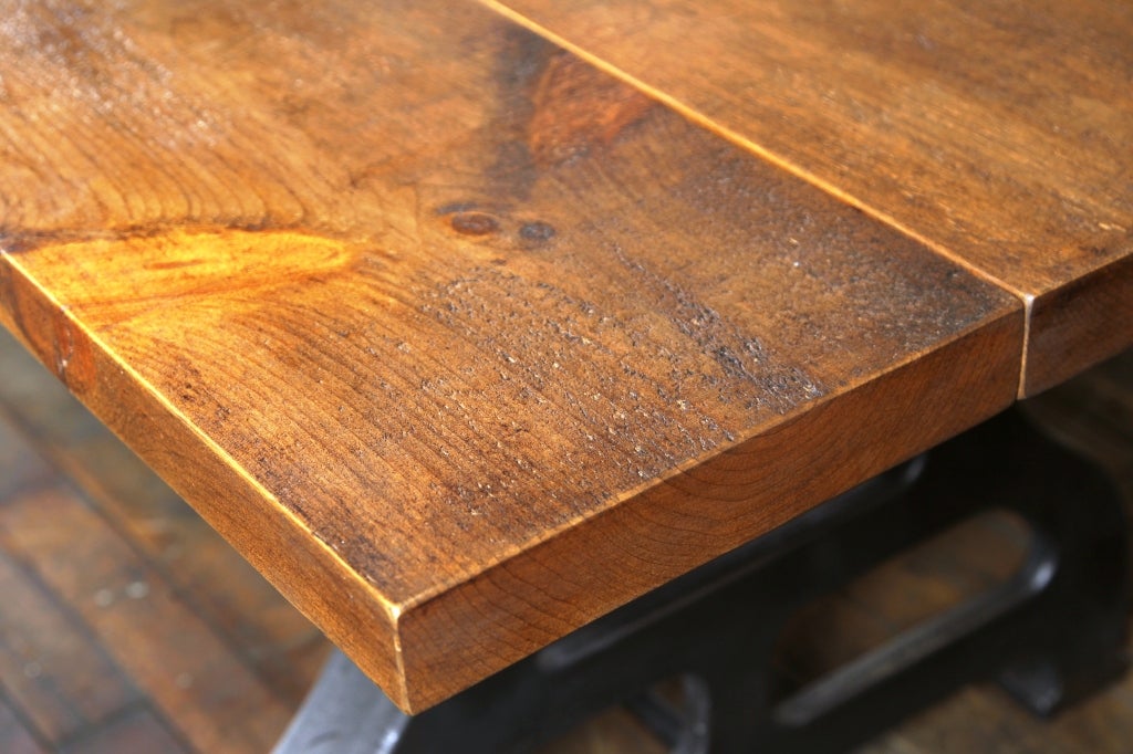 Industrial Plank Top Dining Table Rough Sawn Pine Wood and Cast Iron