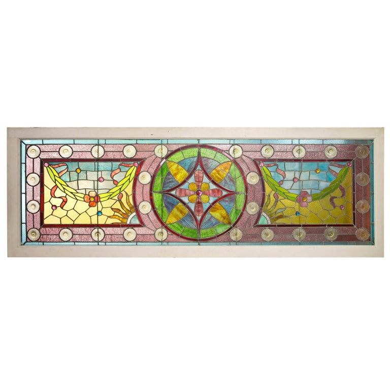 Large Antique Leaded Stained Glass Window For Sale at 1stDibs