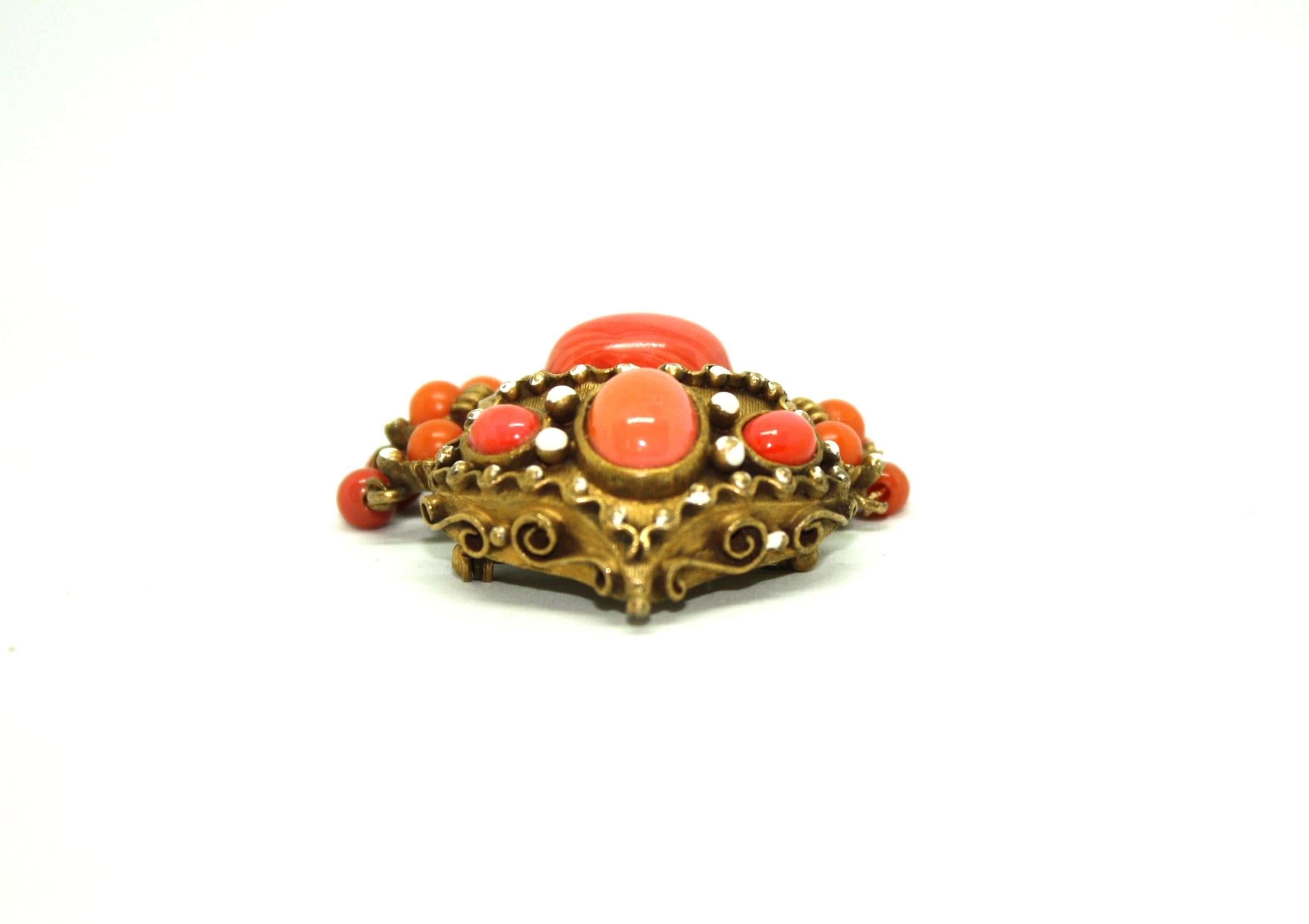Coral Colour Brooch by Kenneth Jay Lane, Circa 1960's For Sale 1