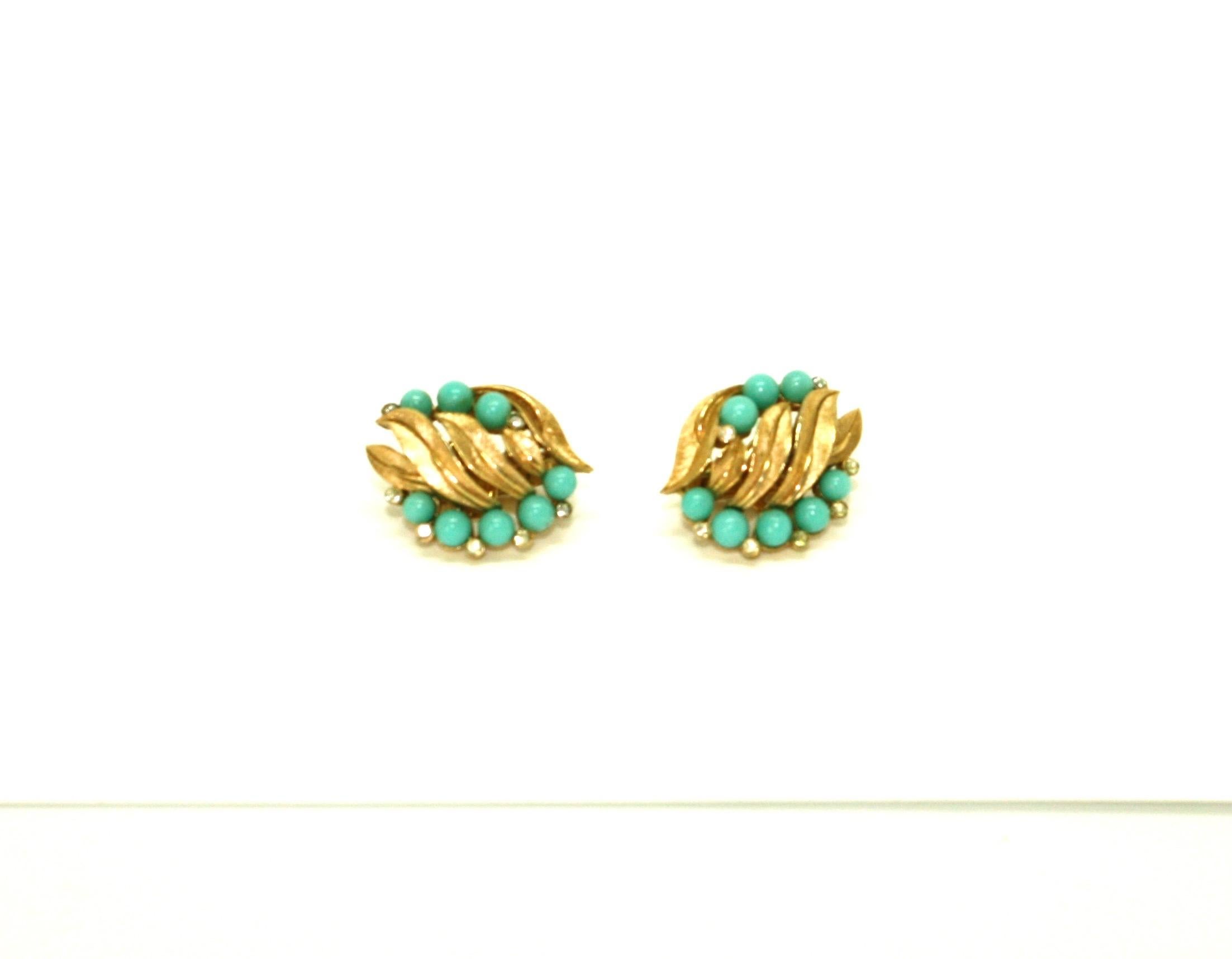 Faux Turquoise Clip Earrings by Trifari In Excellent Condition For Sale In Rushden, GB