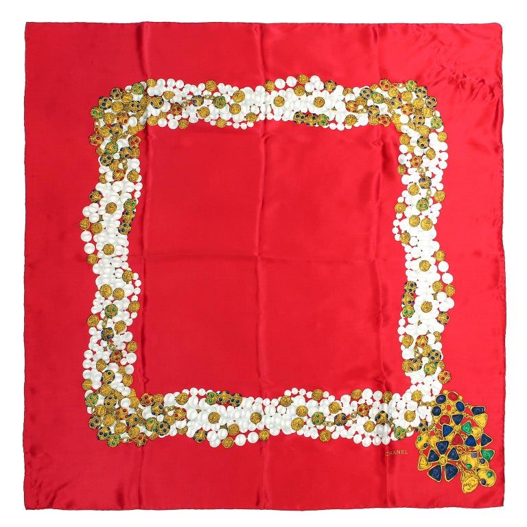 Chanel Red Silk Gripoix Design Scarf For Sale at 1stDibs