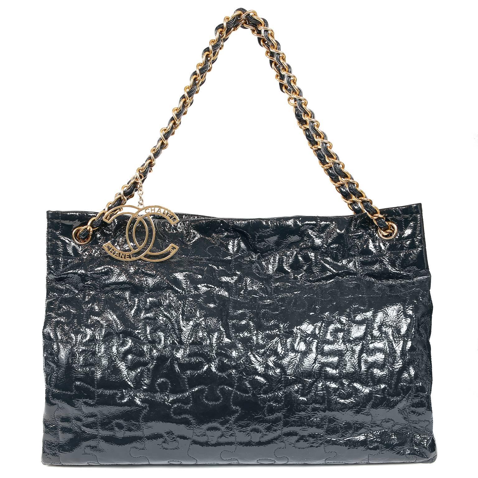 Chanel Navy Blue Patent Puzzle Tote Bag 4