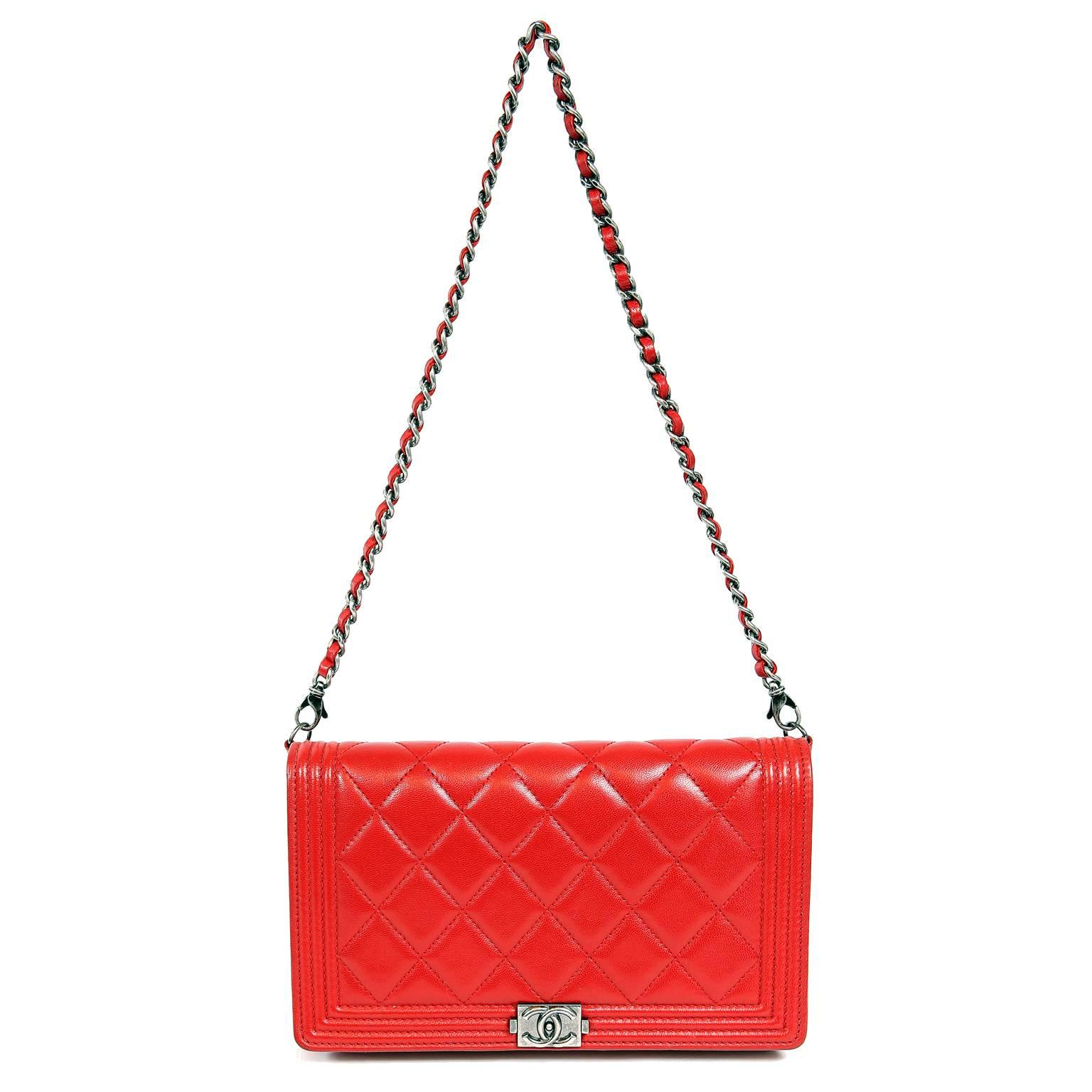 Chanel Red Leather Boy Bag Clutch with Chain 10