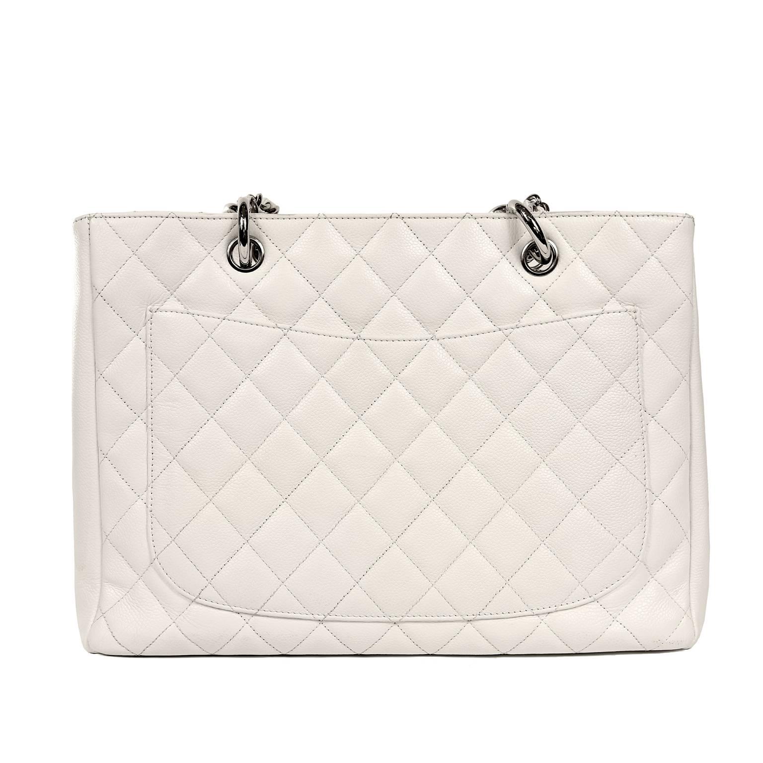 Chanel White Caviar GST- MINT
 The beloved GST is from the Timeless Classics Collection and is a versatile accompaniment to any ensemble. 
Textured and durable snowy white caviar leather is quilted in signature Chanel diamond pattern.  Large