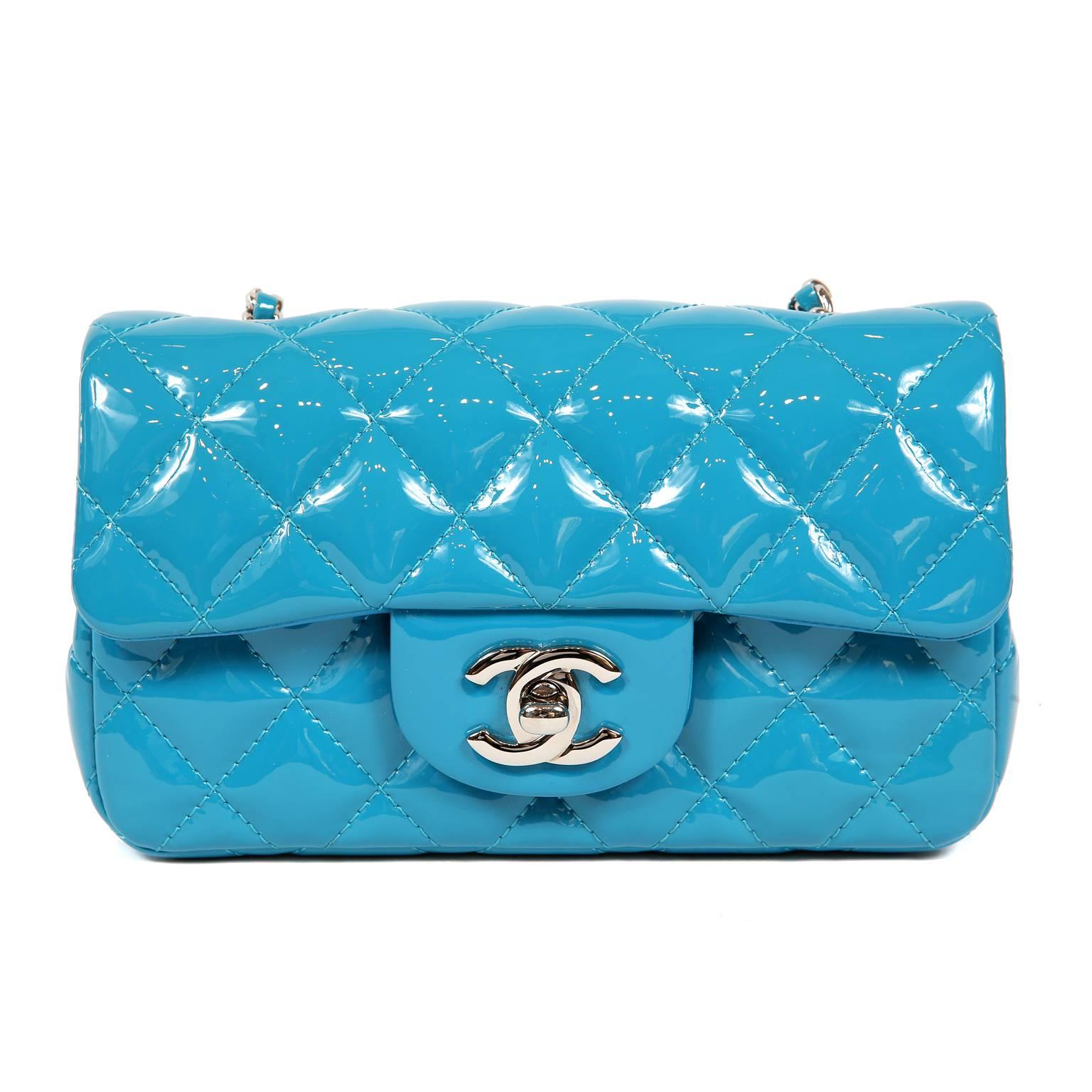 Blue Chanel Turquoise Patent Leather Mini Classic Flap Bag