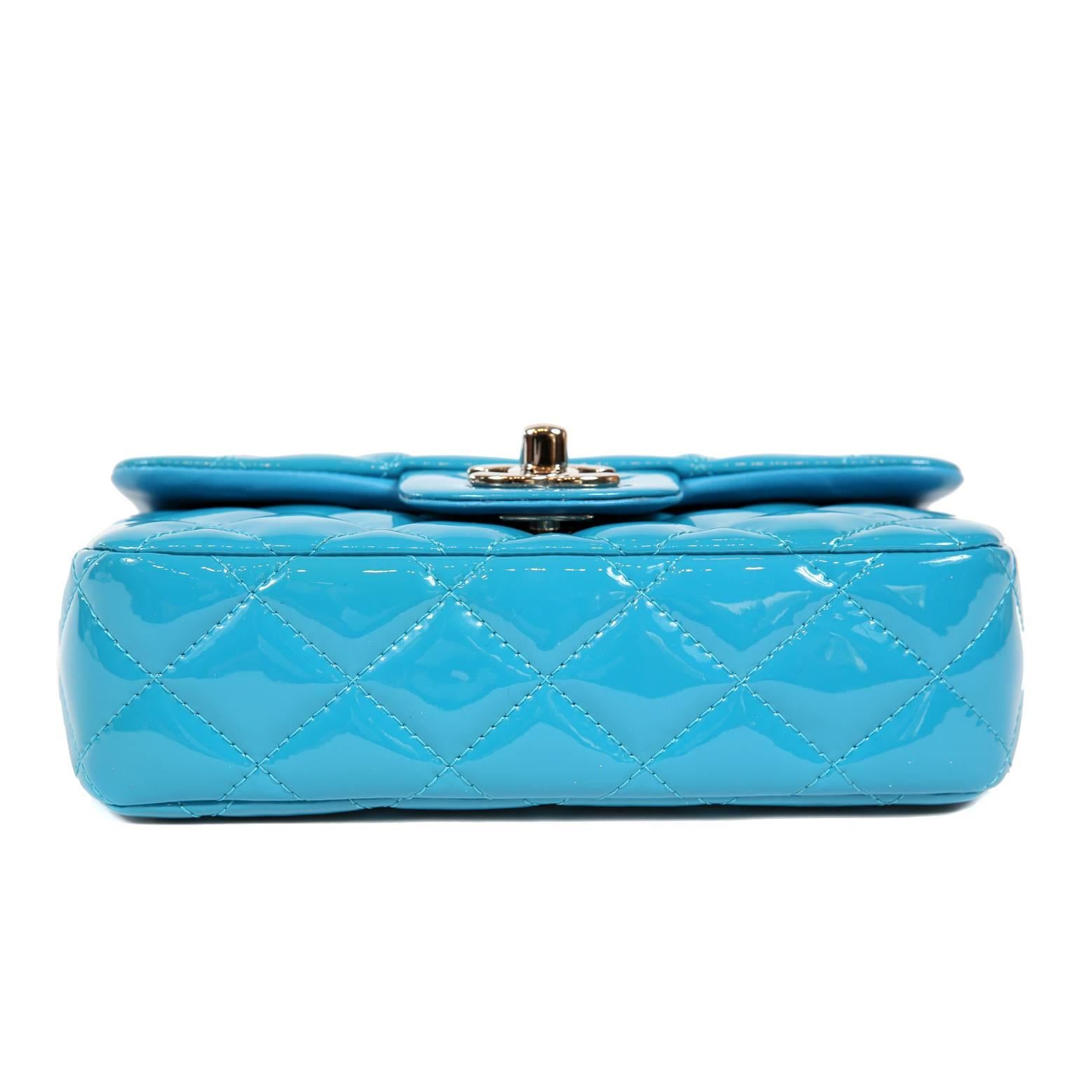 Chanel Turquoise Patent Leather Mini Classic Flap Bag In Excellent Condition In Palm Beach, FL