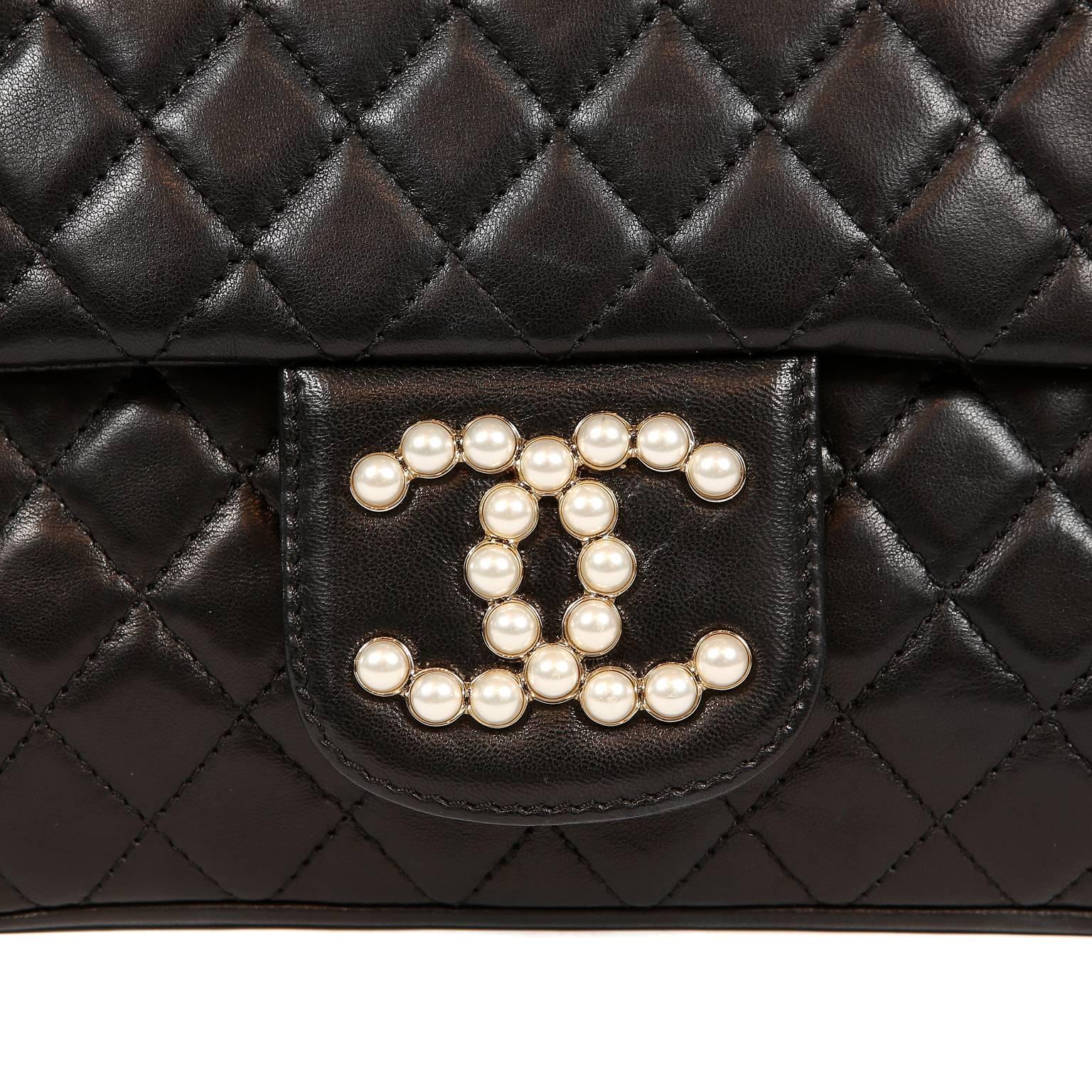 Chanel Black Lambskin Westminster Pearl Flap Bag- Medium In Excellent Condition In Palm Beach, FL