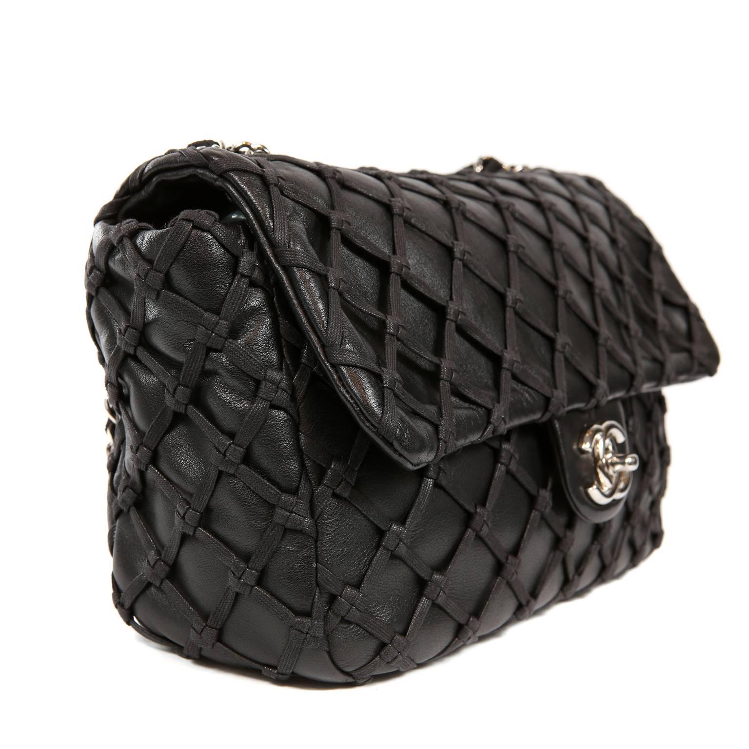 Chanel Black Leather Woven Top Stitch Classic Flap Bag In Excellent Condition In Palm Beach, FL