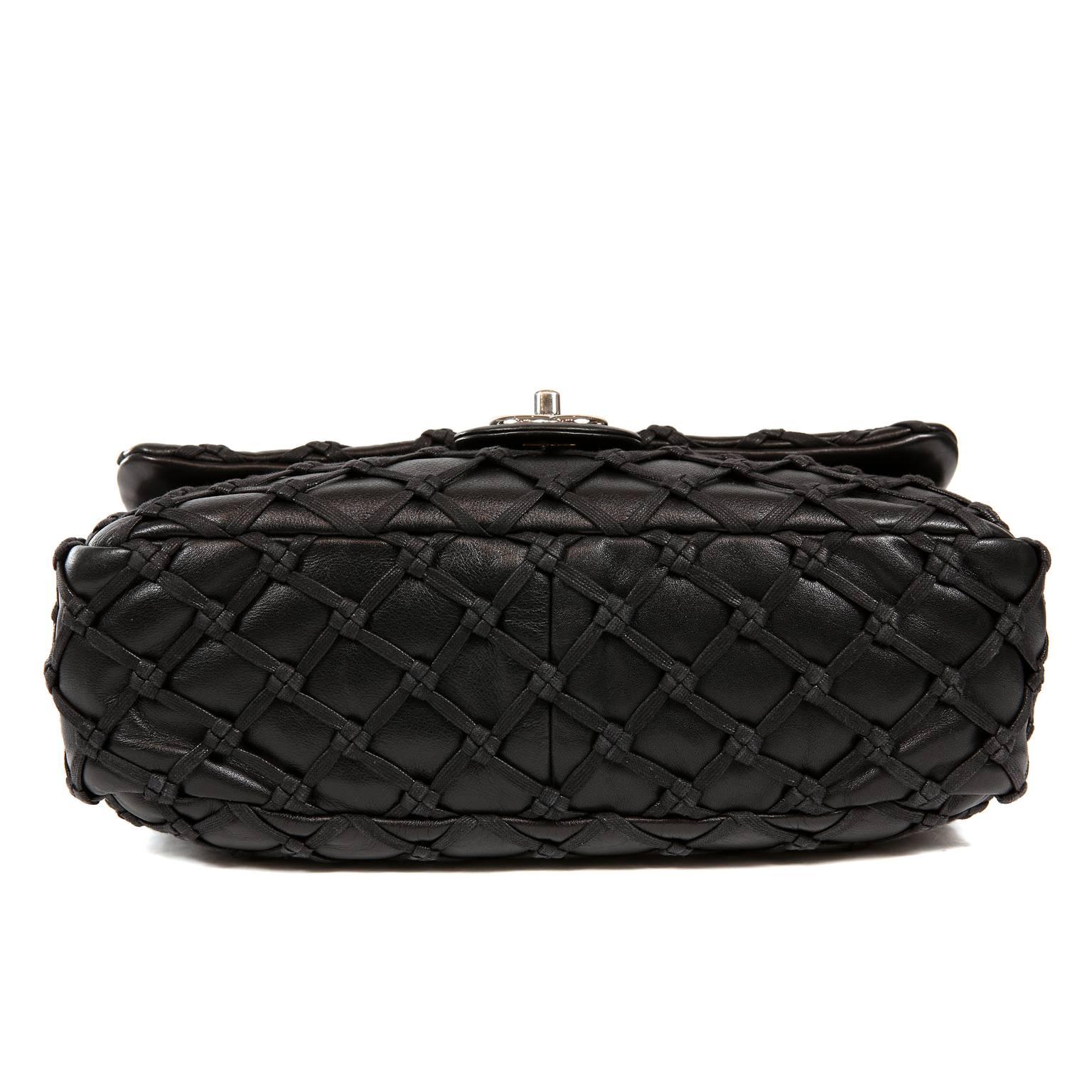 Women's Chanel Black Leather Woven Top Stitch Classic Flap Bag