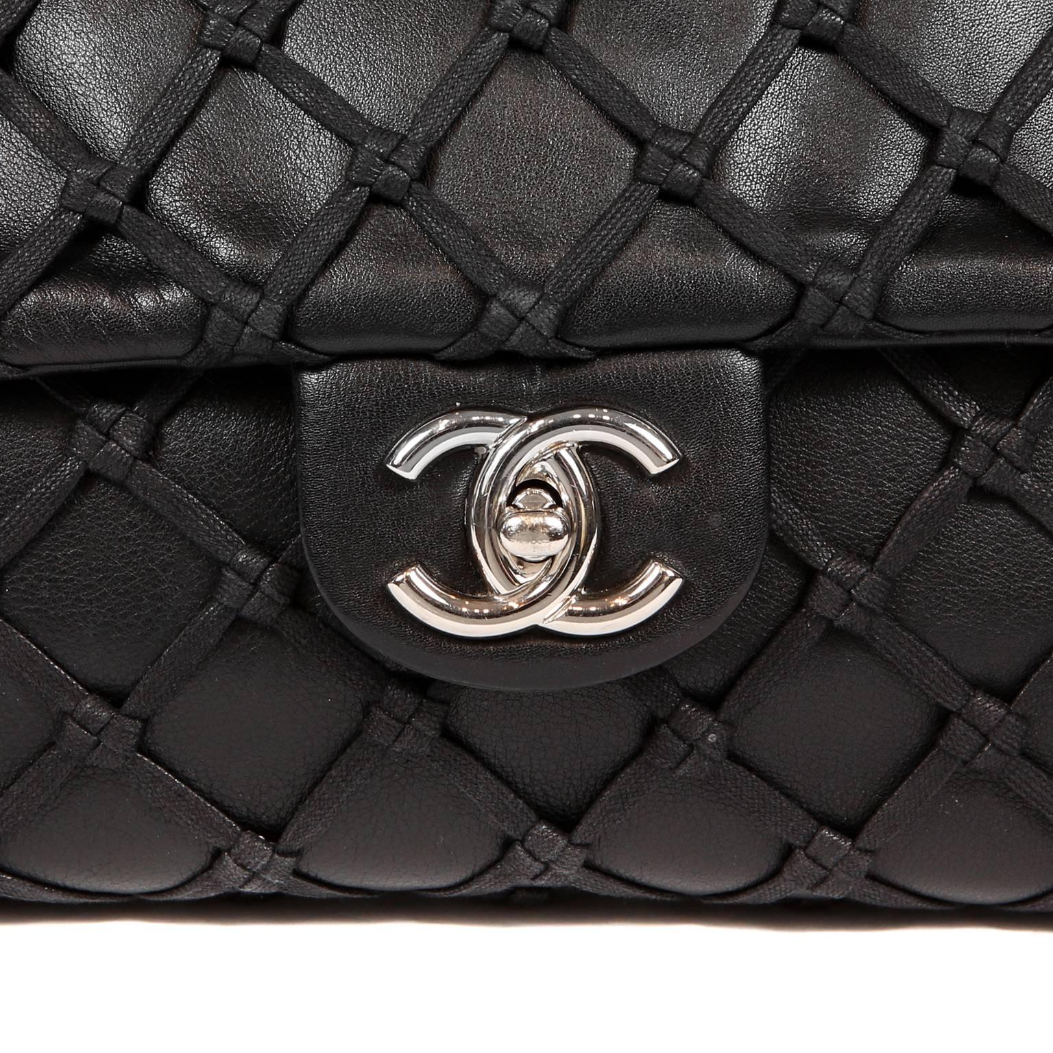 Chanel Black Leather Woven Top Stitch Classic Flap Bag 2