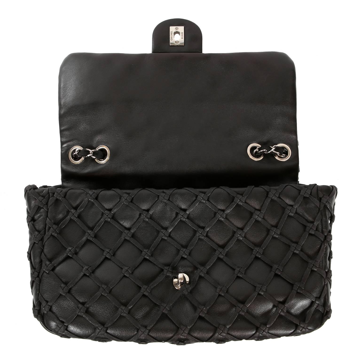 Chanel Black Leather Woven Top Stitch Classic Flap Bag 5