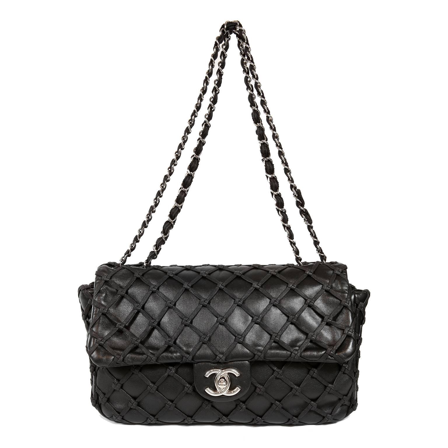 Chanel Black Leather Woven Top Stitch Classic Flap Bag 11