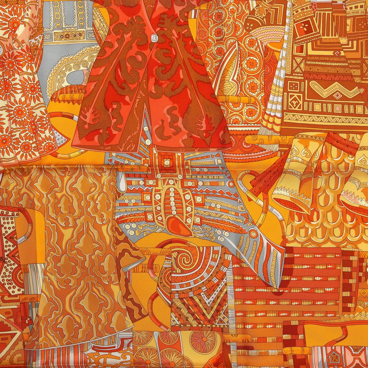 Orange Hermès Voyage en Etoffes 90 cm Silk Scarf