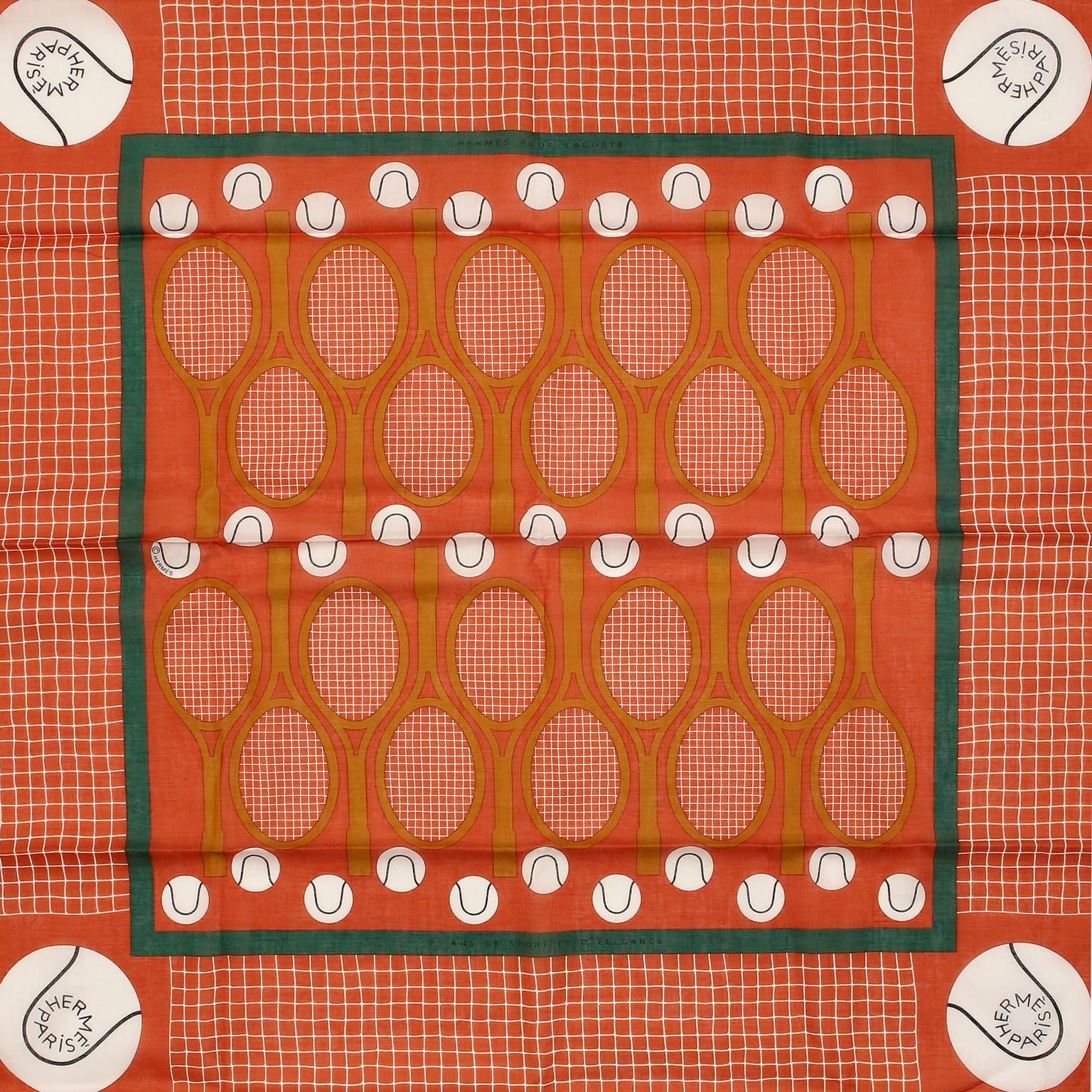 Hermès Tennis 70 cm Scarf- PRISTINE
  A limited edition, it was issued in 2008 to commemorate the 75th anniversary of Lacoste. 
Orange background with white “net” border and tennis rackets in the center.  Each corner has a white Hermès tennis ball. 
