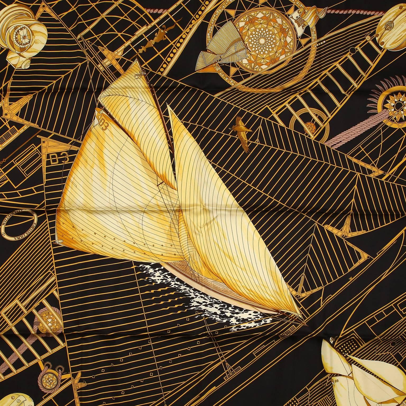 Hermès Black Tuiga Reissue 90 cm Silk Scarf- PRISTINE
  Very collectible, Tuiga is a limited edition benefiting the Monaco Association of Orphanages of the World auctions at the Monaco Yacht Club.  Artist Dominik Jarlegant.
Black background with an