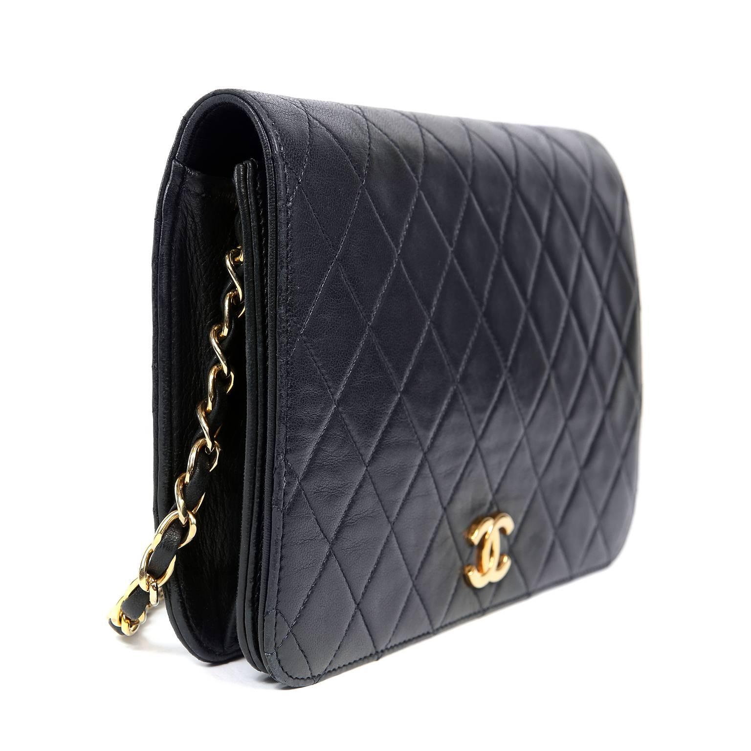 Black Chanel Navy Blue Leather Vintage Clutch with strap