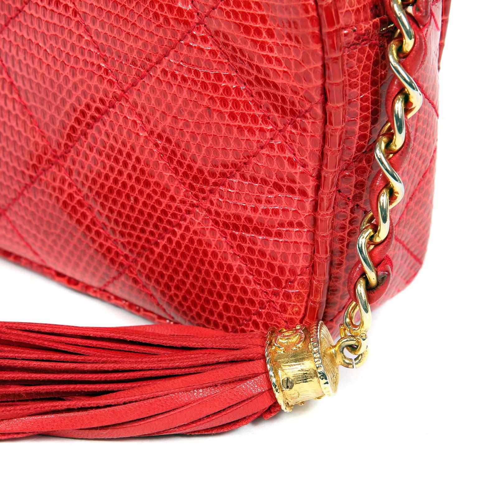 Women's Chanel Red Lizard Vintage Tassel Clutch For Sale