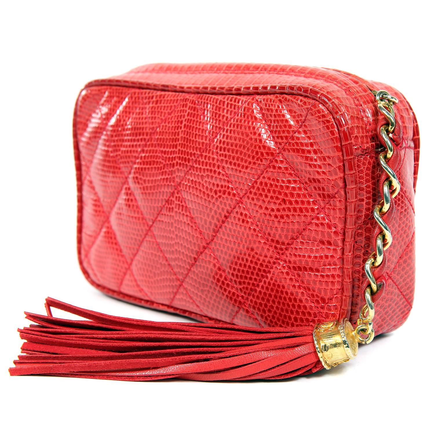 Chanel Red Lizard Vintage Tassel Clutch For Sale 3
