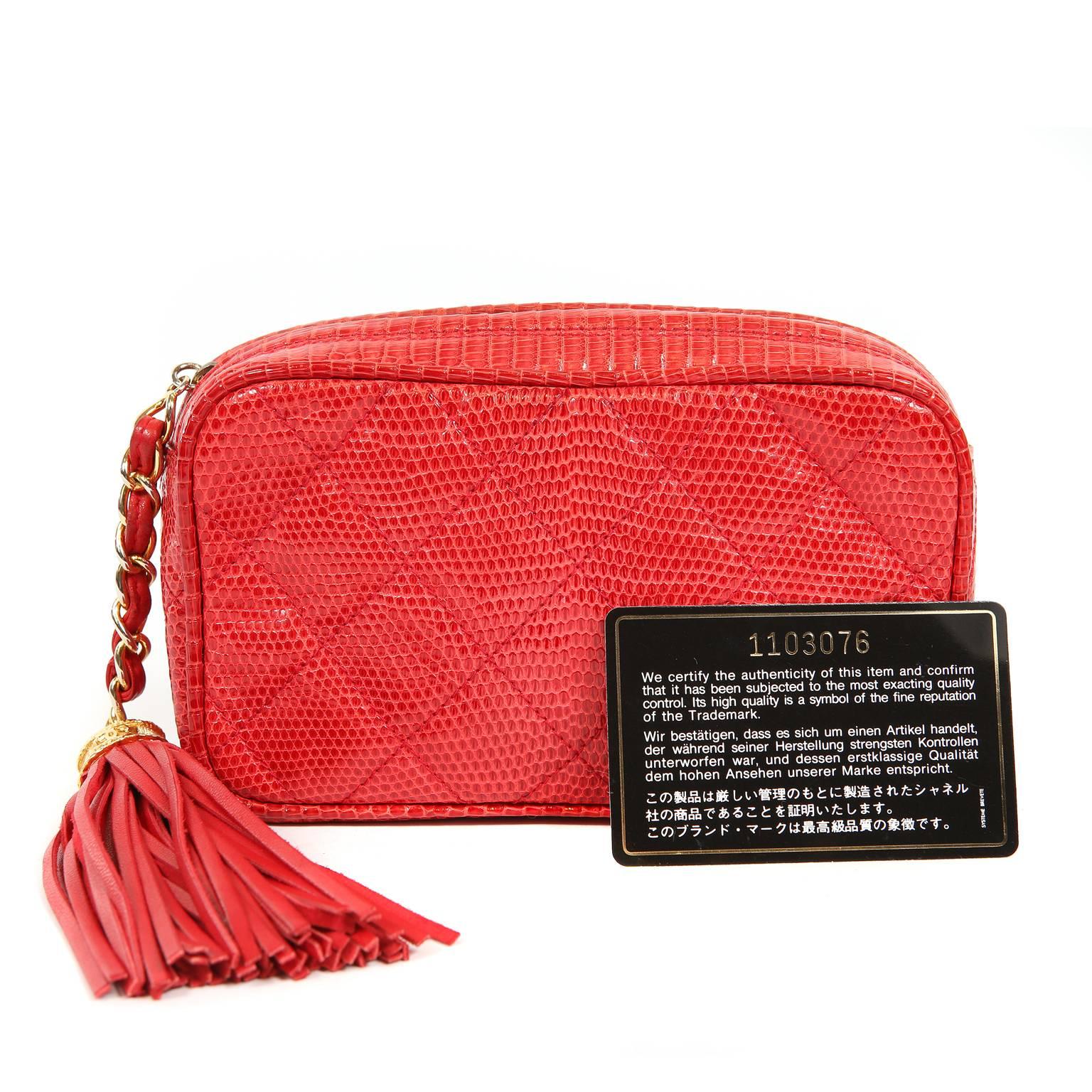 Chanel Red Lizard Vintage Tassel Clutch For Sale 7