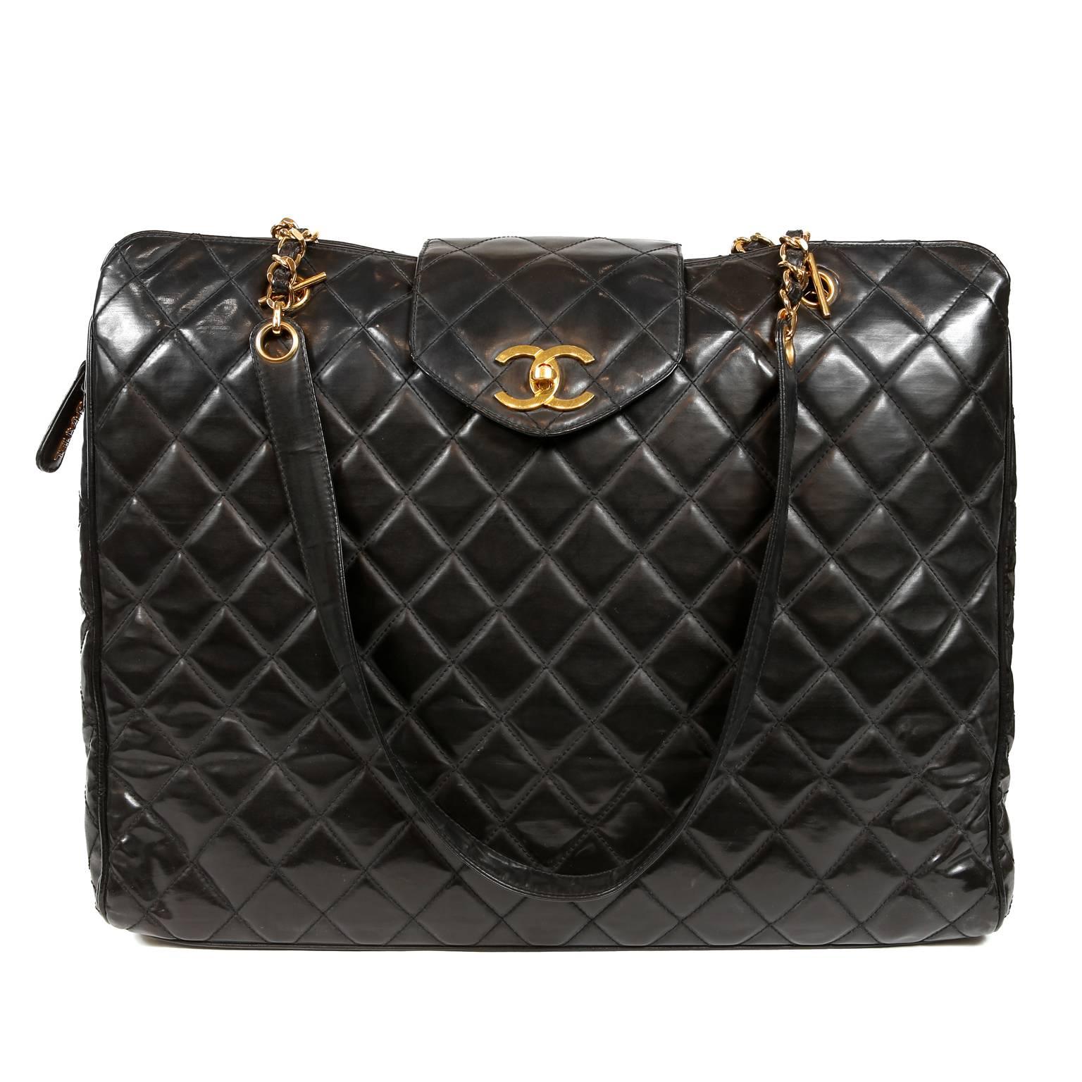 Chanel Black Leather Super Model Vintage Weekender In Excellent Condition In Palm Beach, FL