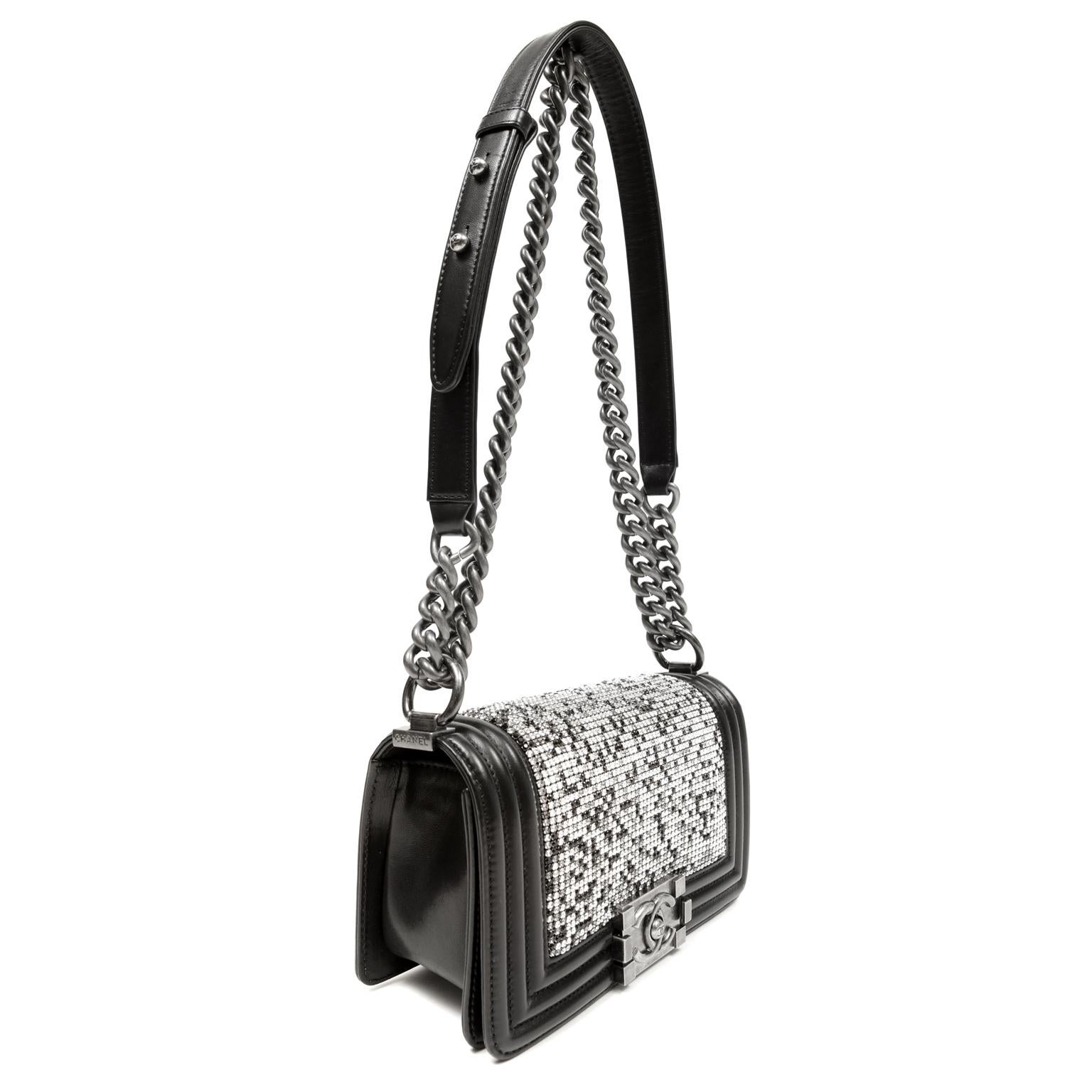 Chanel Swarovski Crystal Boy Bag- Black Leather with Ruthenium HW In Excellent Condition In Palm Beach, FL