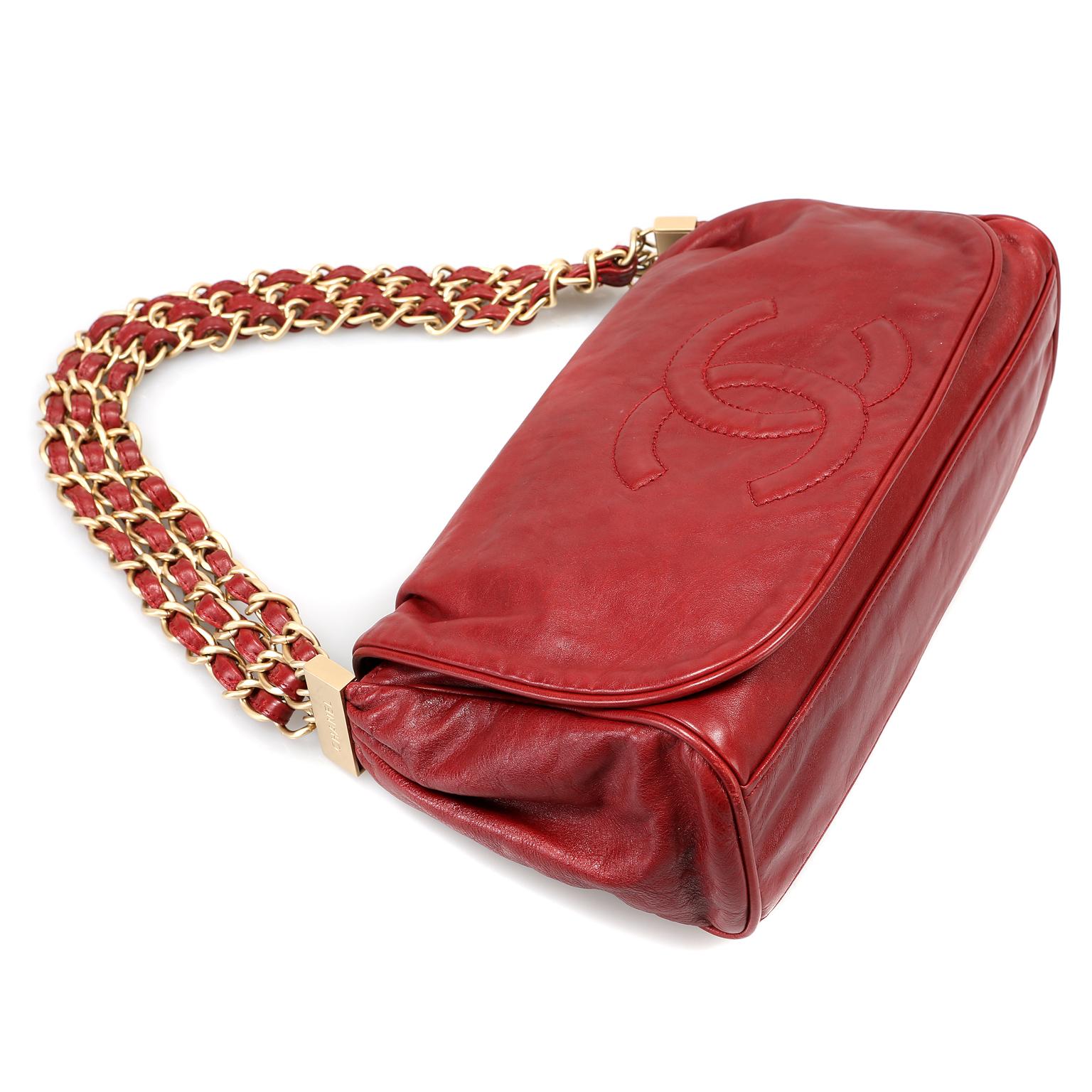 Brown Chanel Red Lambskin Triple Chain Strap Bag