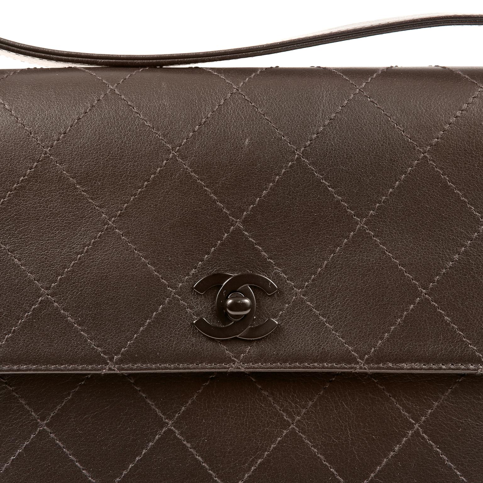 Black Chanel Brown Leather Flat Stitched Shoulder Bag