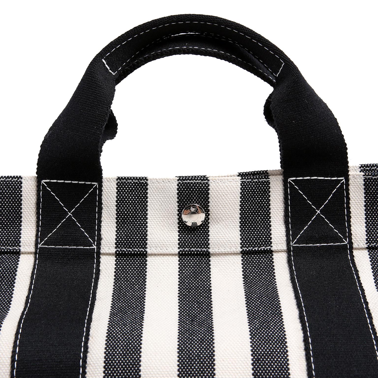 Hermes Black and White Striped Canvas Tote with pochette For Sale 1