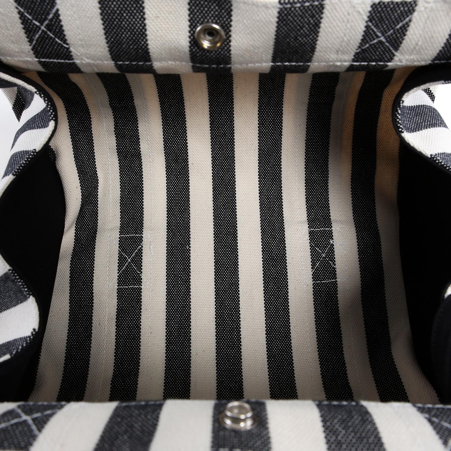 Hermes Black and White Striped Canvas Tote with pochette For Sale 6
